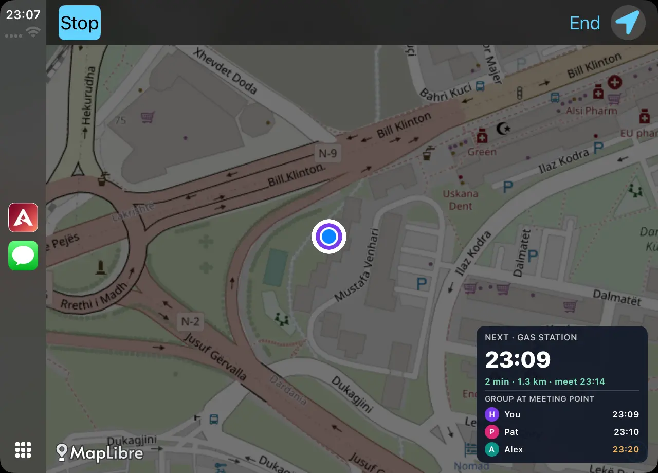 Arrivo on CarPlay at night, with the next stop and everyone’s arrival time